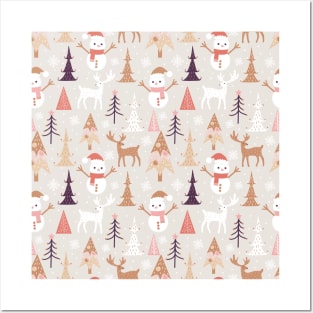 Cute Winter Christmas Pattern Snowman Christmas Tree Raindeer Santa Posters and Art